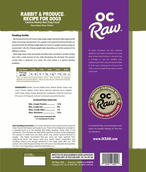 OC Raw Frozen Raw Dog Food Rabbit & Produce Meaty Rox 3lb