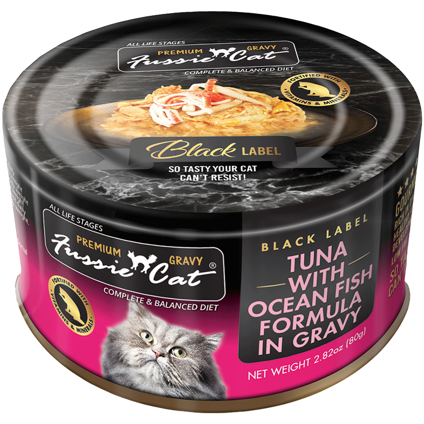 Fussie Cat Black Label Tuna with Ocean Fish formula in Gravy 2.82oz