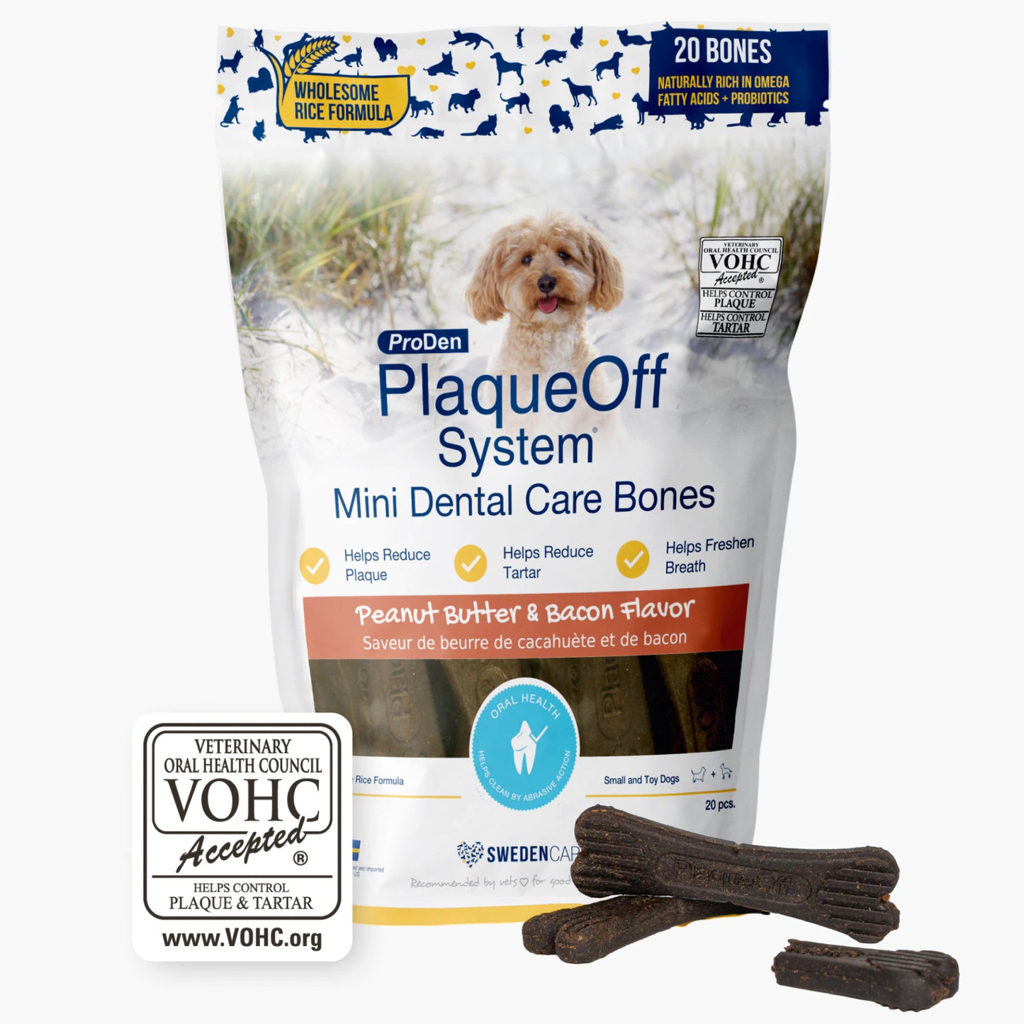 ProDen PlaqueOff System Mini Dental Care Bones for Dogs Peanut Butter & Bacon Flavor 12oz