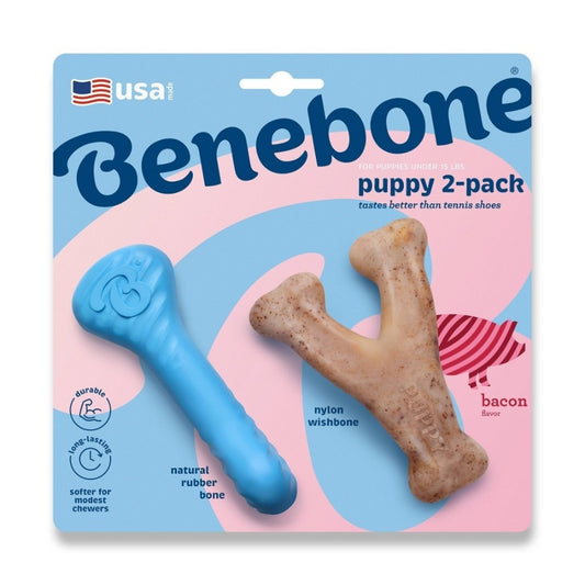 Benebone Puppy Bacon Wishbone & Rubber Bone Tiny 2 Pack