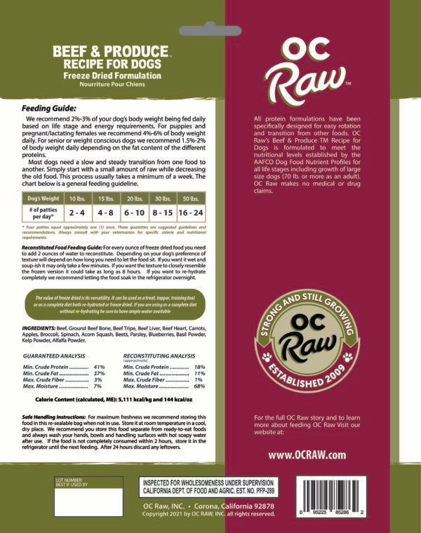 OC Raw Freeze Dried Raw Dog Food Beef 14oz