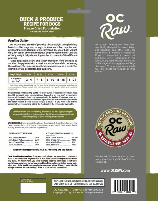 OC Raw Freeze Dried Raw Dog Food Duck 14oz