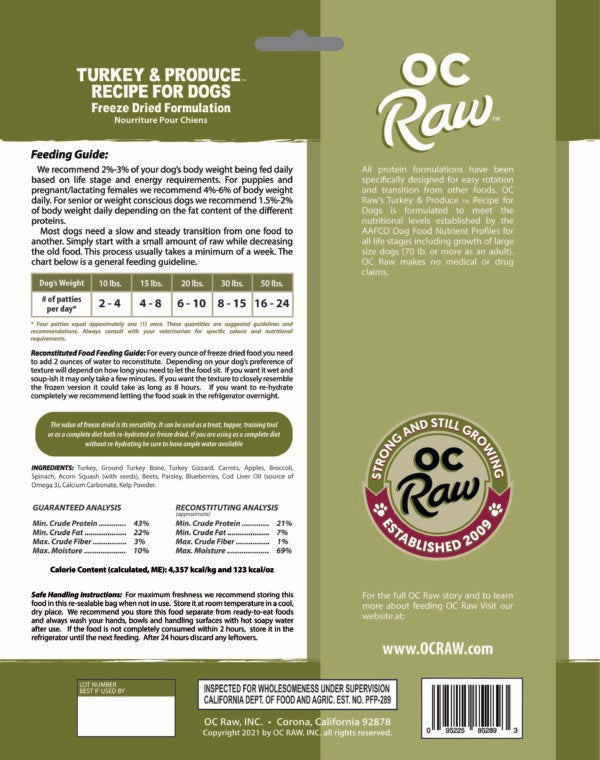 OC Raw Freeze Dried Raw Dog Food Turkey & Produce 14oz