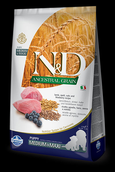 Farmina N&D Ancestral Grains Lamb & Blueberry Medium/Maxi Puppy Food 26.5lb