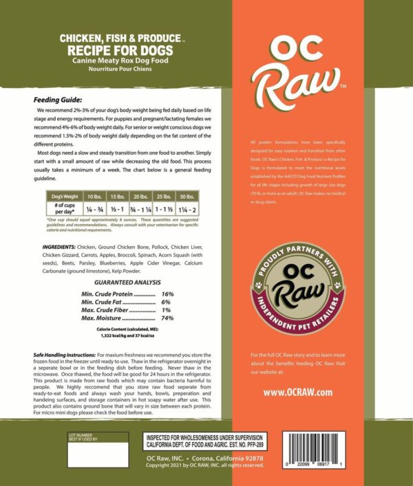 OC Raw Frozen Raw Dog Food Chicken, Fish & Produce Meaty Rox 3lb