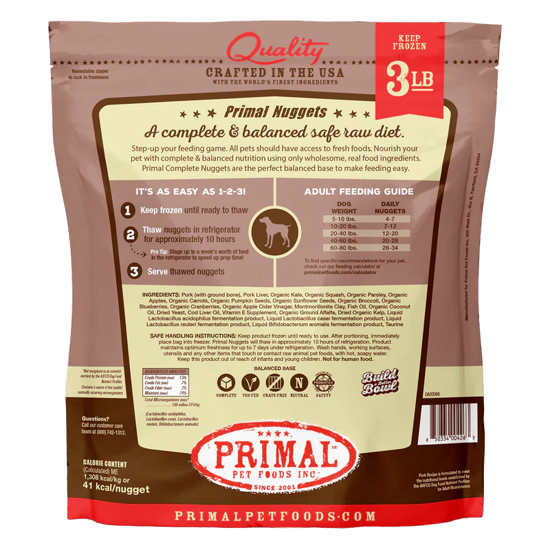 Primal Frozen Raw Dog Food Nuggets Pork Recipe 3lb