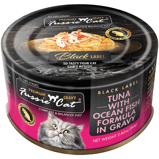Fussie Cat Black Label Tuna with Ocean Fish formula in Gravy 2.82oz