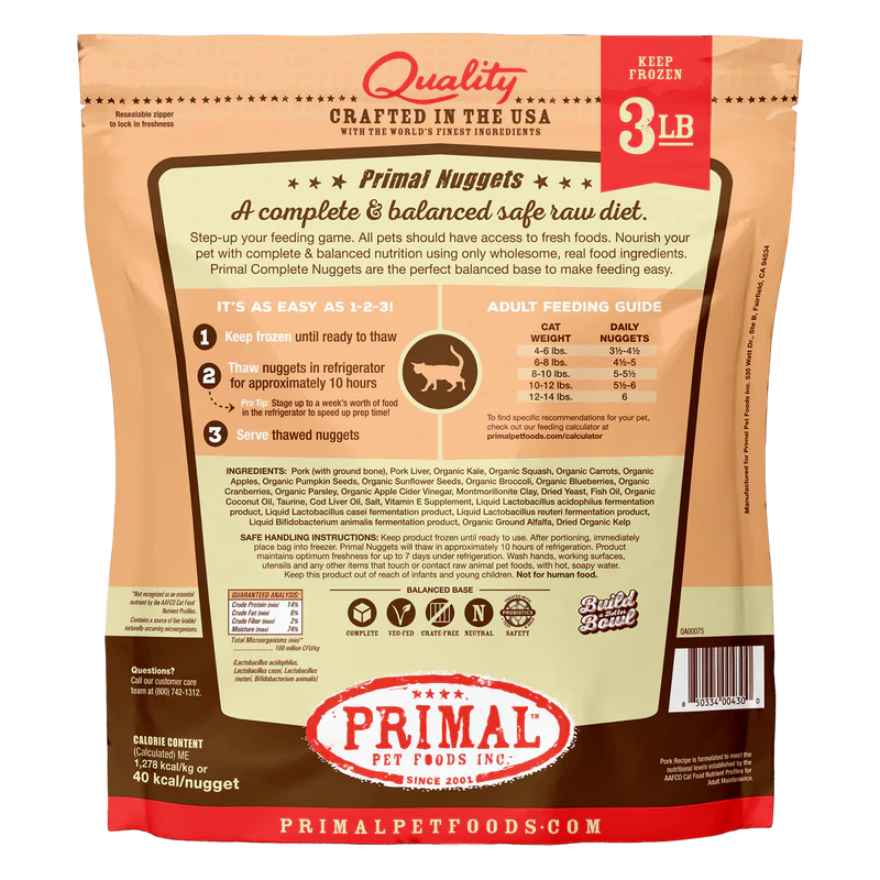 Primal Frozen Raw Cat Food Nuggets Pork Recipe 3lb