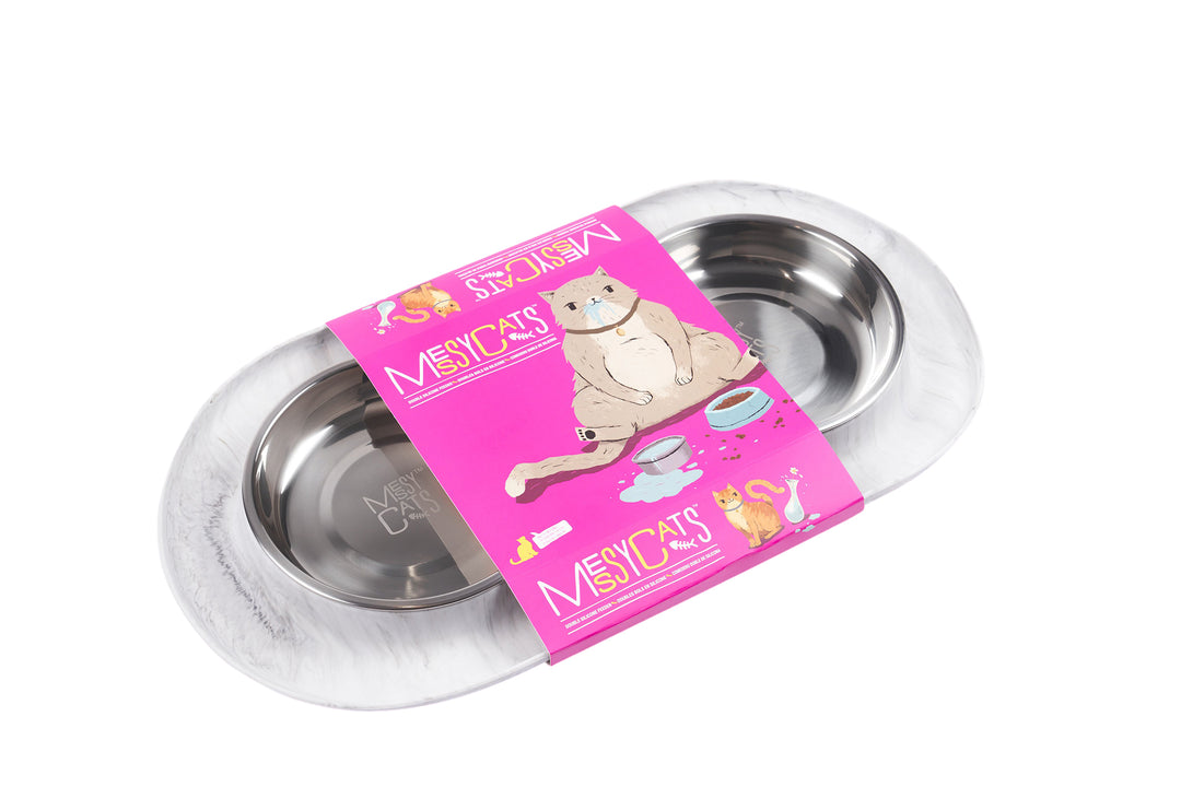 Messy Mutts Double Silicone Cat Feeder with Stainless Steel Bowls