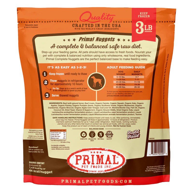 Primal Frozen Raw Nuggets Dog Food Beef Recipe 3lb