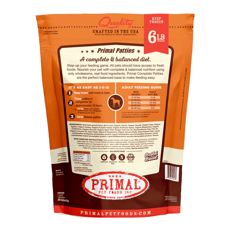 Primal Frozen Raw Patties Dog Food Beef Recipe 6lb