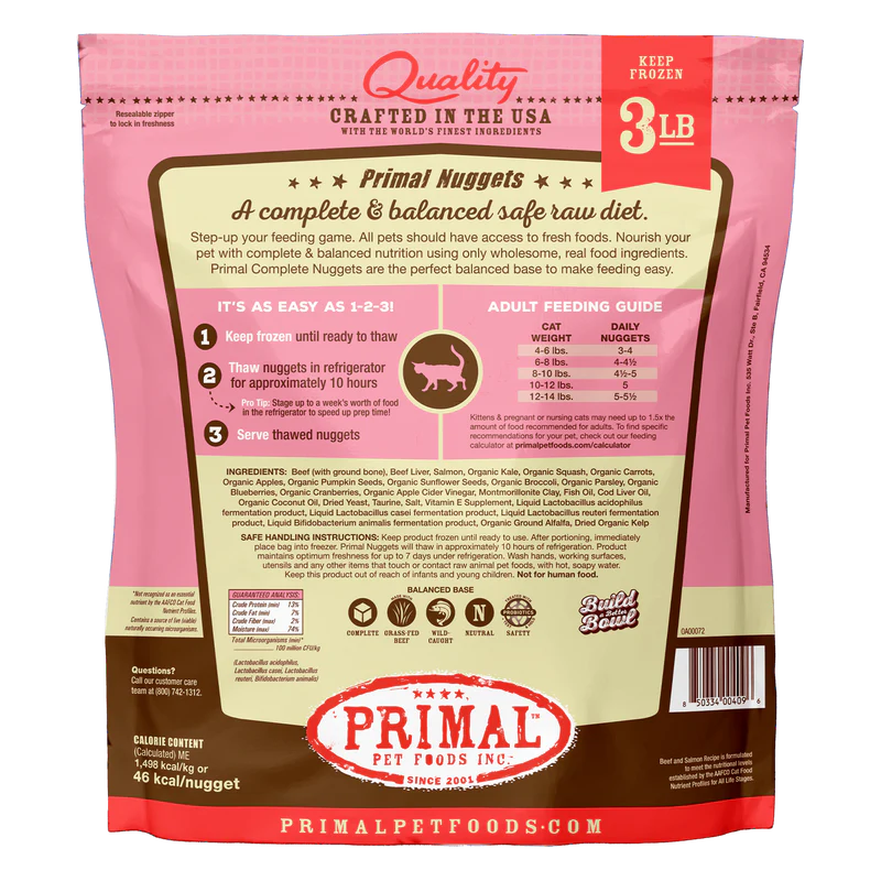 Primal Frozen Raw Nuggets Cat Food Beef & Salmon Recipe 3lb