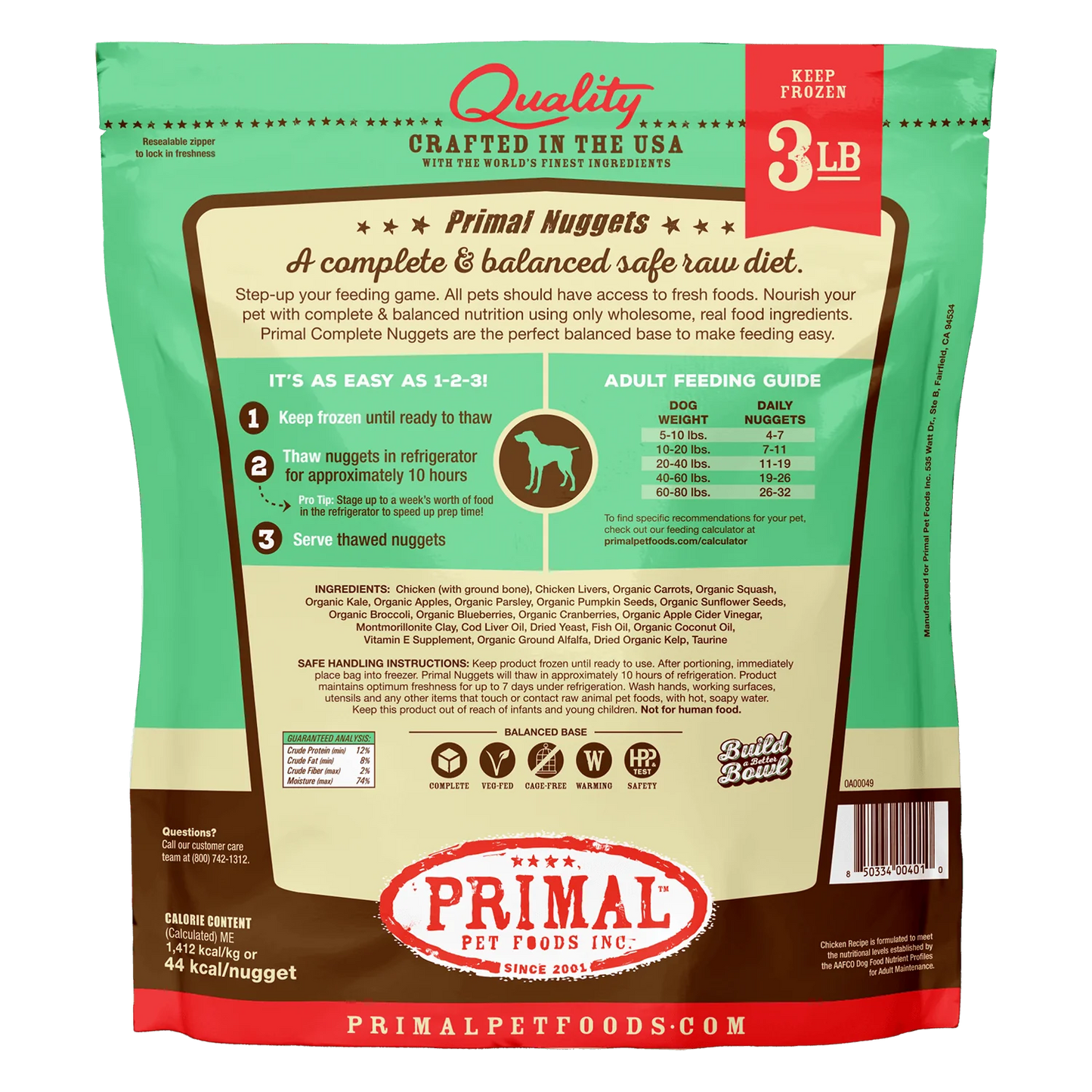 Primal Frozen Raw Nuggets Dog Food Chicken 3lb