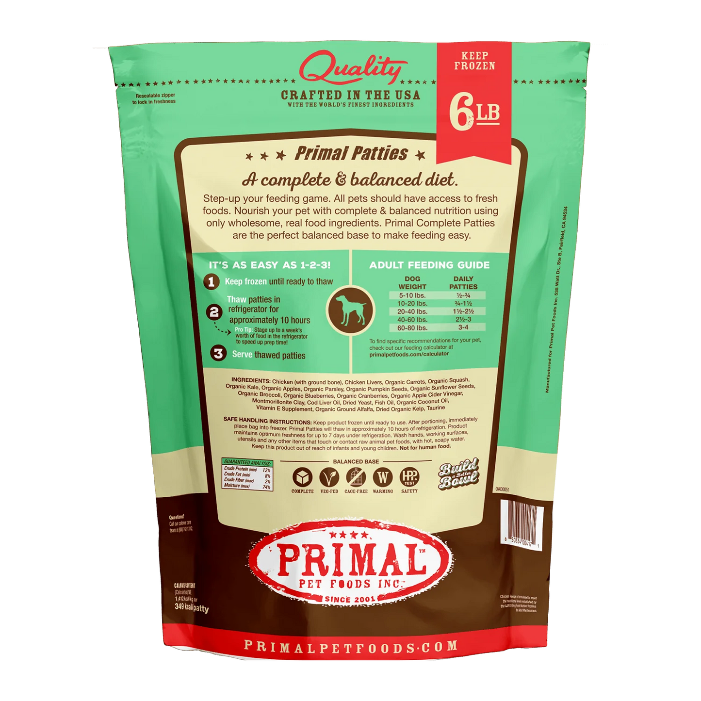 Primal Frozen Raw Patties Dog Food Chicken Recipe 6lb