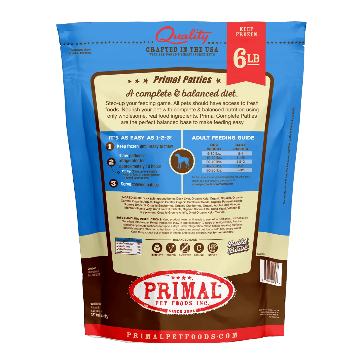 Primal Frozen Raw Patties Dog Food Duck Recipe 6lb