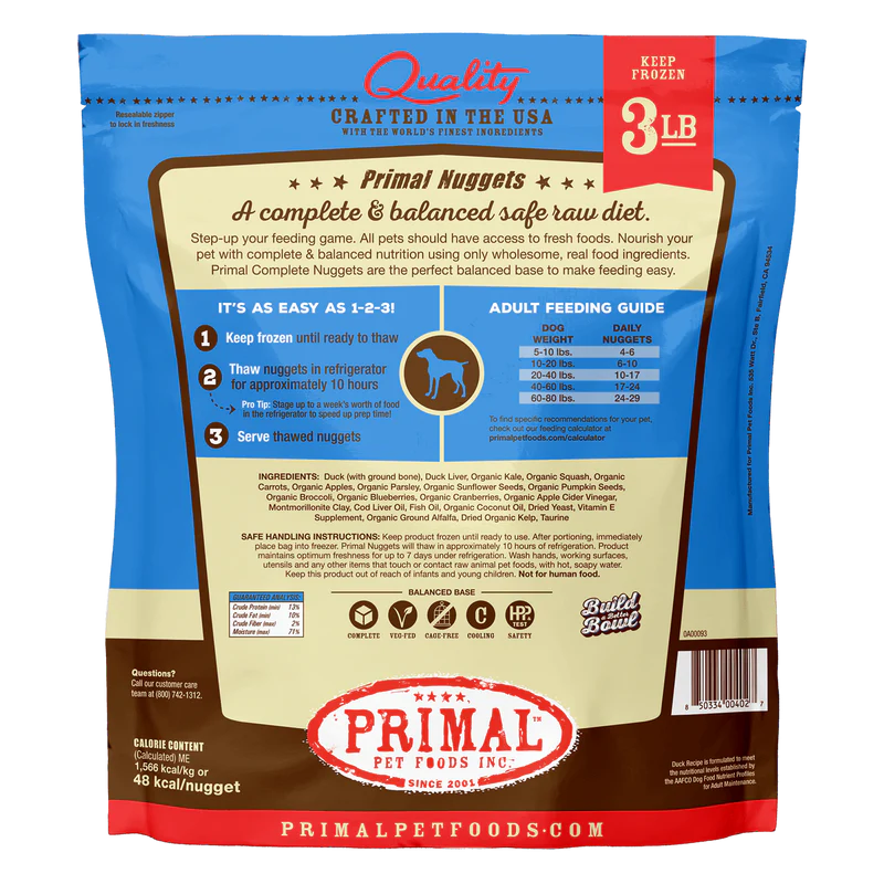 Primal Frozen Raw Nuggets Dog Food Duck Recipe 3lb