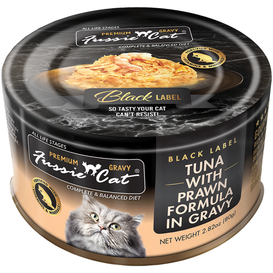 Fussie Cat Black Label Tuna with Prawns Formula in Gravy 2.82oz