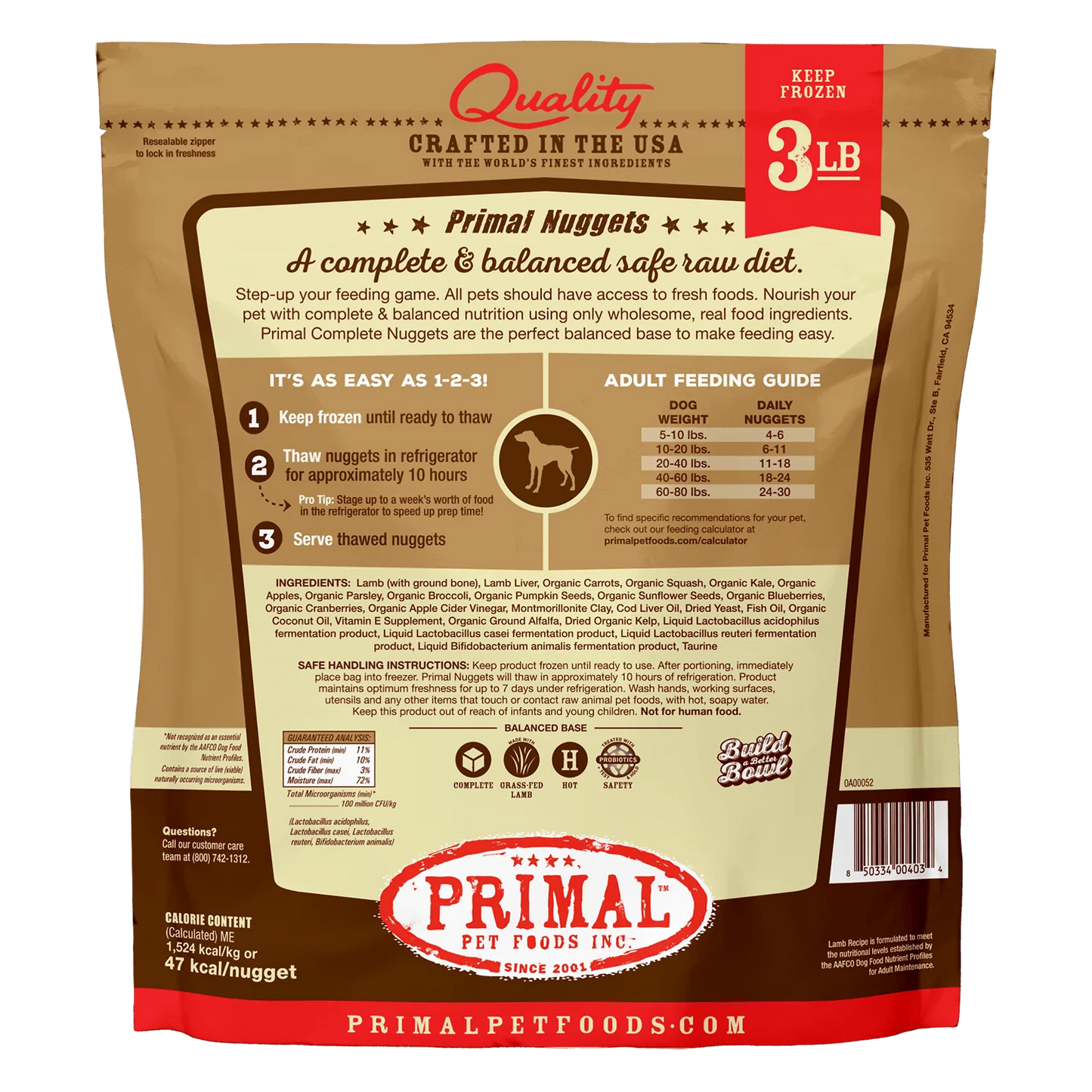 Primal Frozen Raw Patties Dog Food Lamb Recipe 3lb