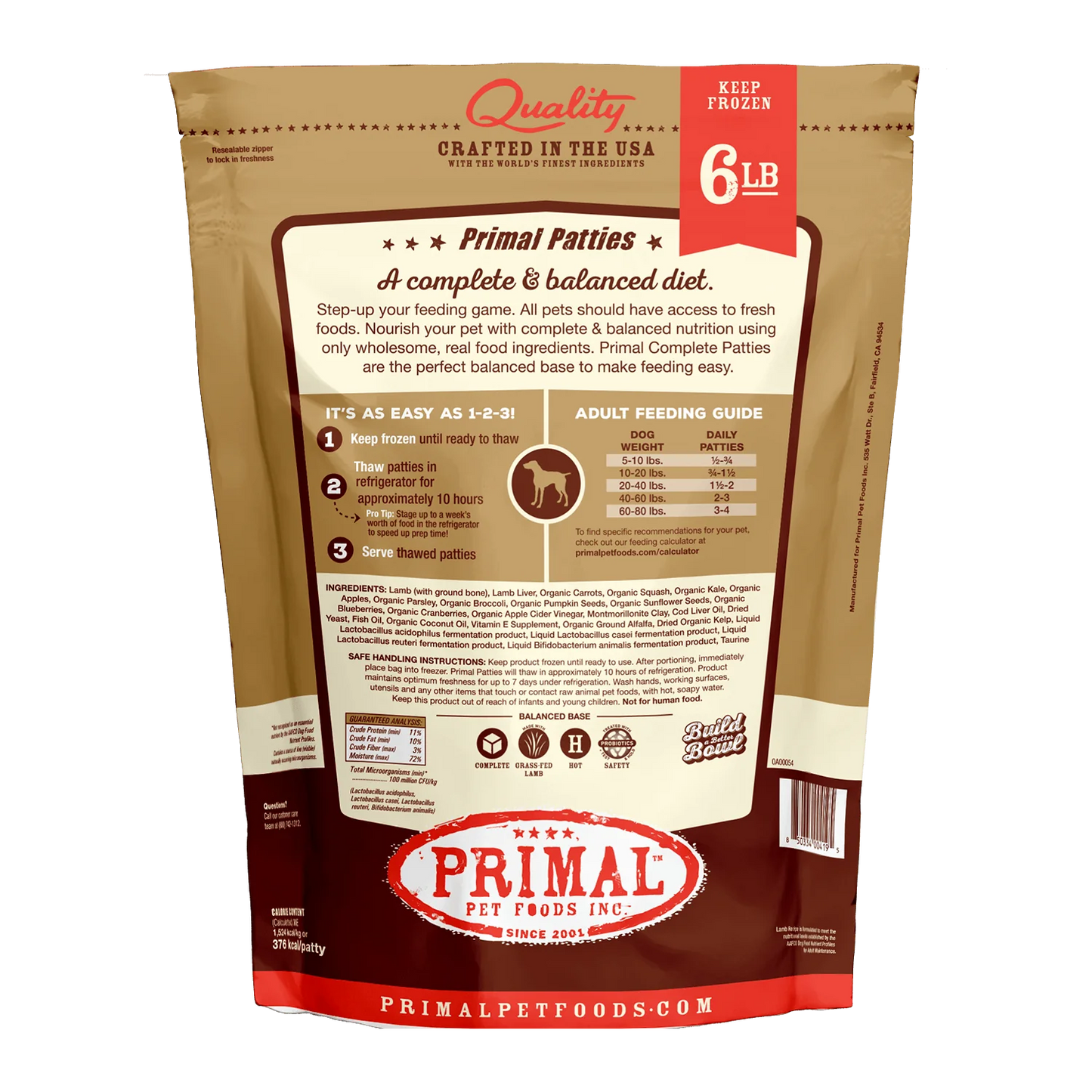 Primal Frozen Raw Patties Dog Food Lamb Recipe 6lb