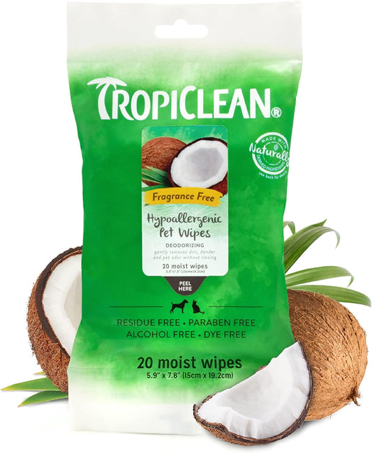 Tropiclean Hypoallergenic Fragrance Free Wipes 20 Count